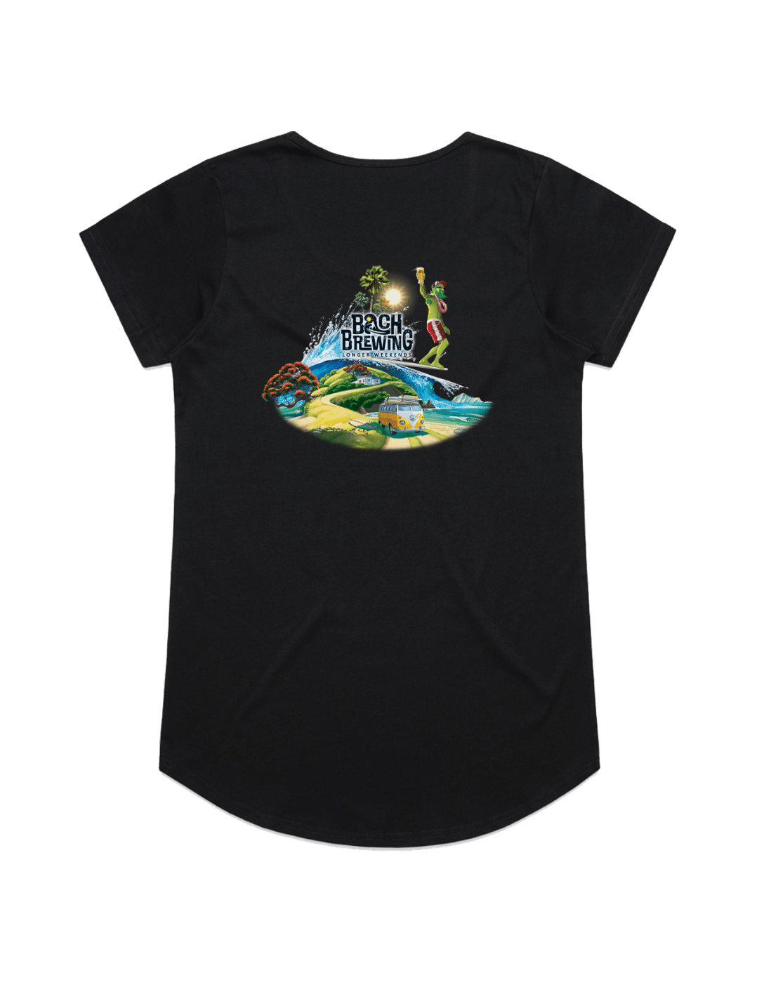 Bach Brewing Womens Short Sleeve T-shirt - Beach Scene (back graphic)