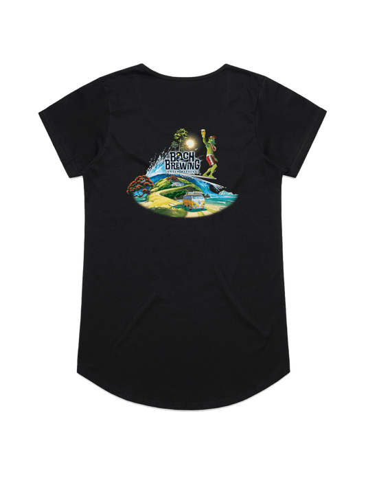 Bach Brewing Womens Short Sleeve T-shirt - Beach Scene (back graphic)