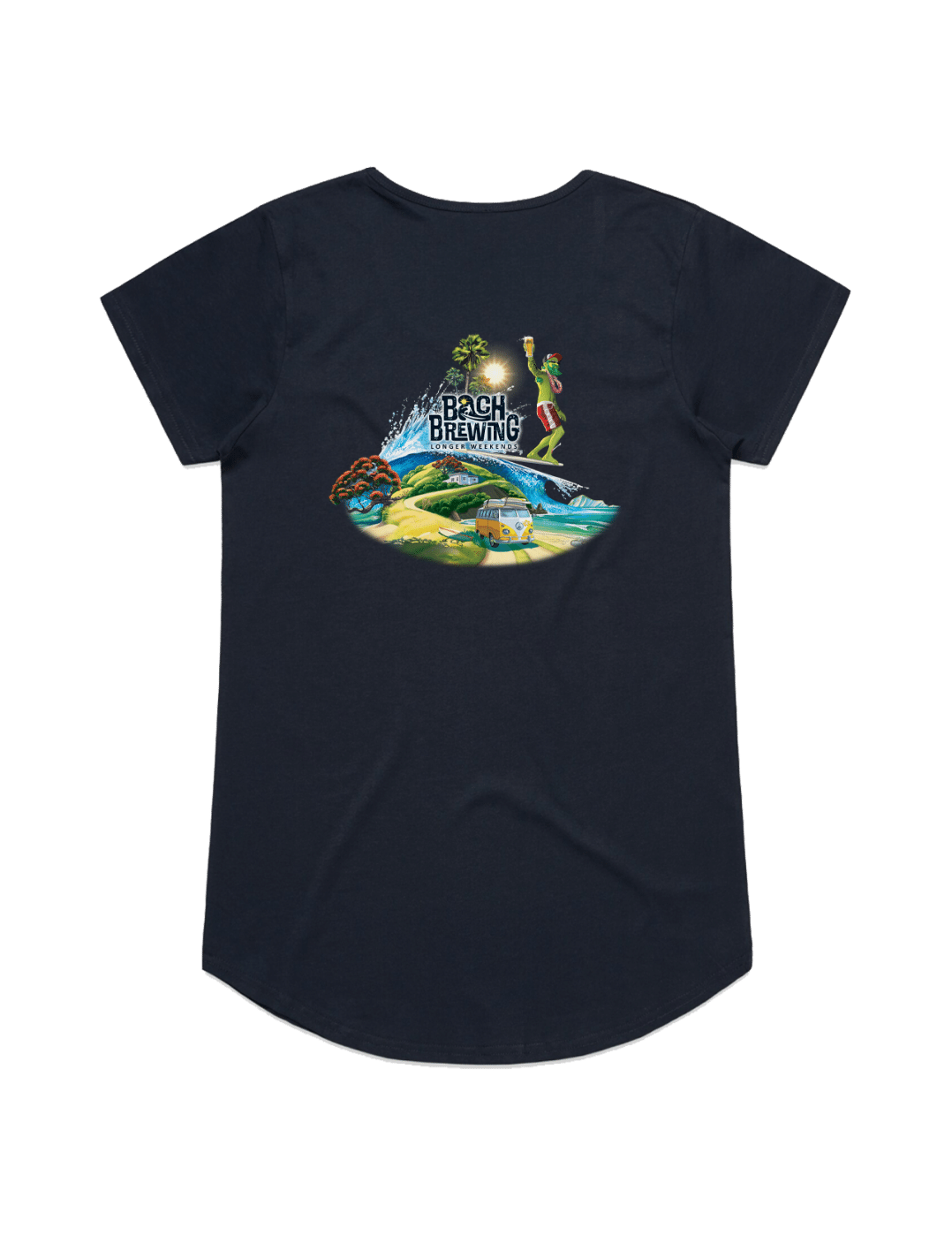 Bach Brewing Womens Short Sleeve T-shirt - Beach Scene (back graphic)